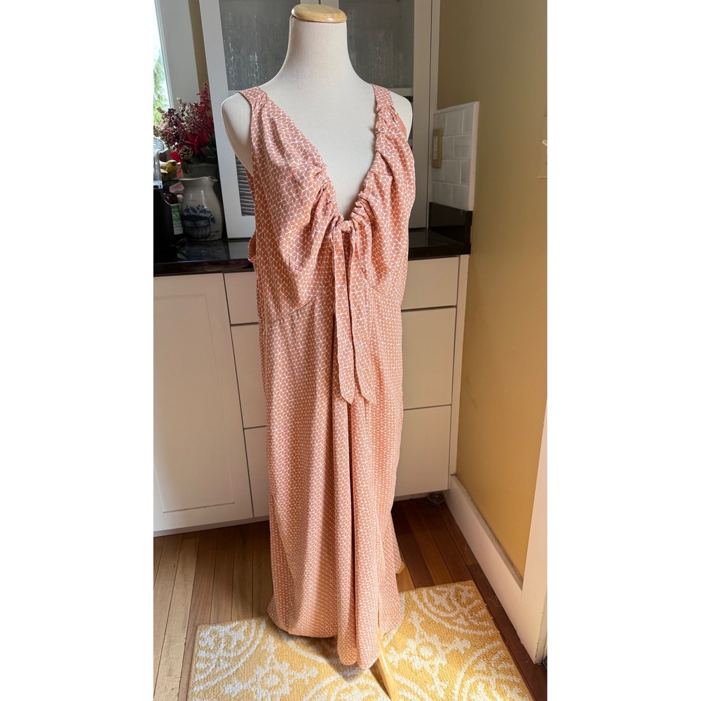 Abercrombie & Fitch Tie Front Midi Dress XXL Terracotta Orange Honeycomb Print